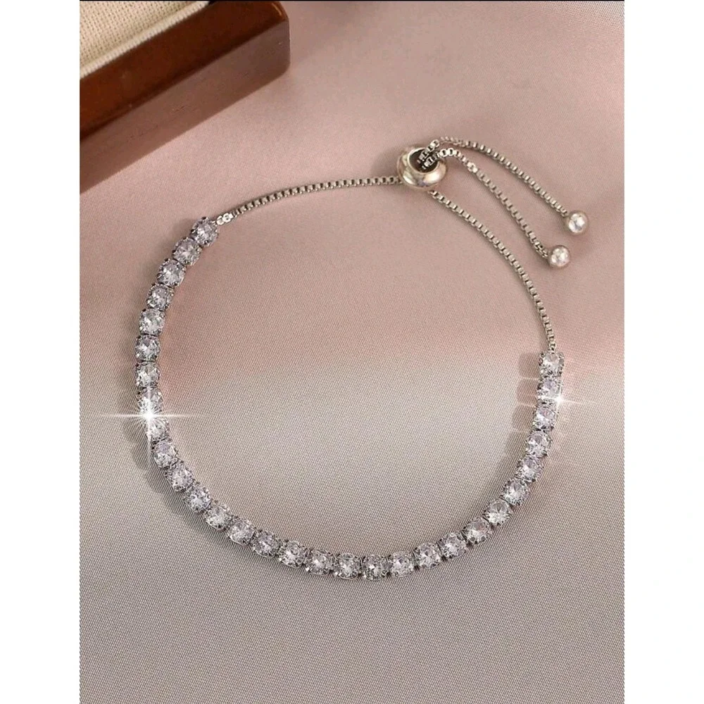 Cubic Zirconia Bracelet Adjustable Tennis Bracelet‎ Silver Plated Jewelry